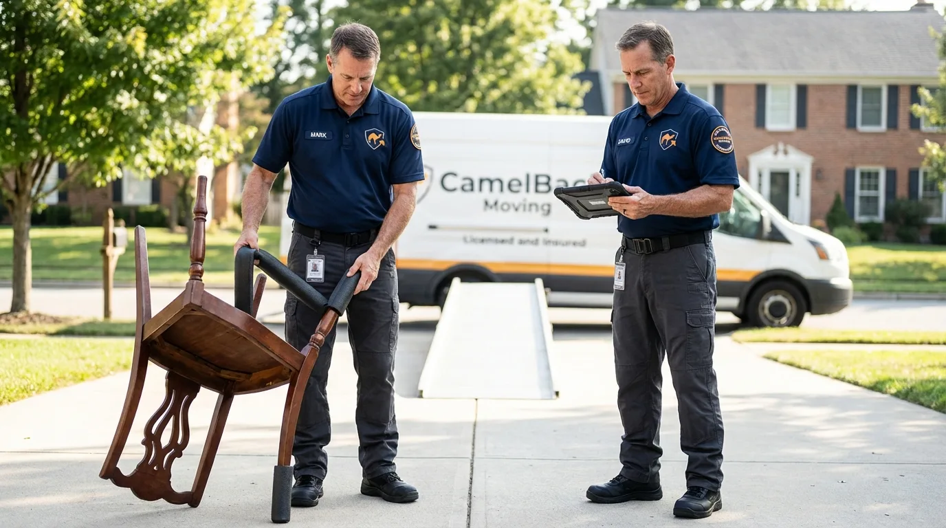 Movers inspecting furniture for damage prevention before loading in Macedonia, OH