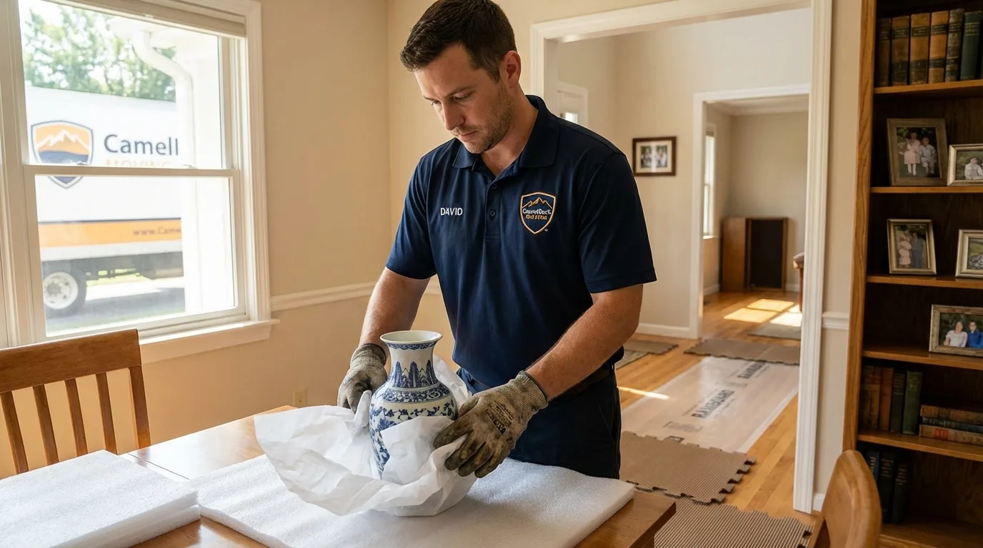 Professional crew carefully wrapping antique vase for senior downsizing move in Macedonia, OH